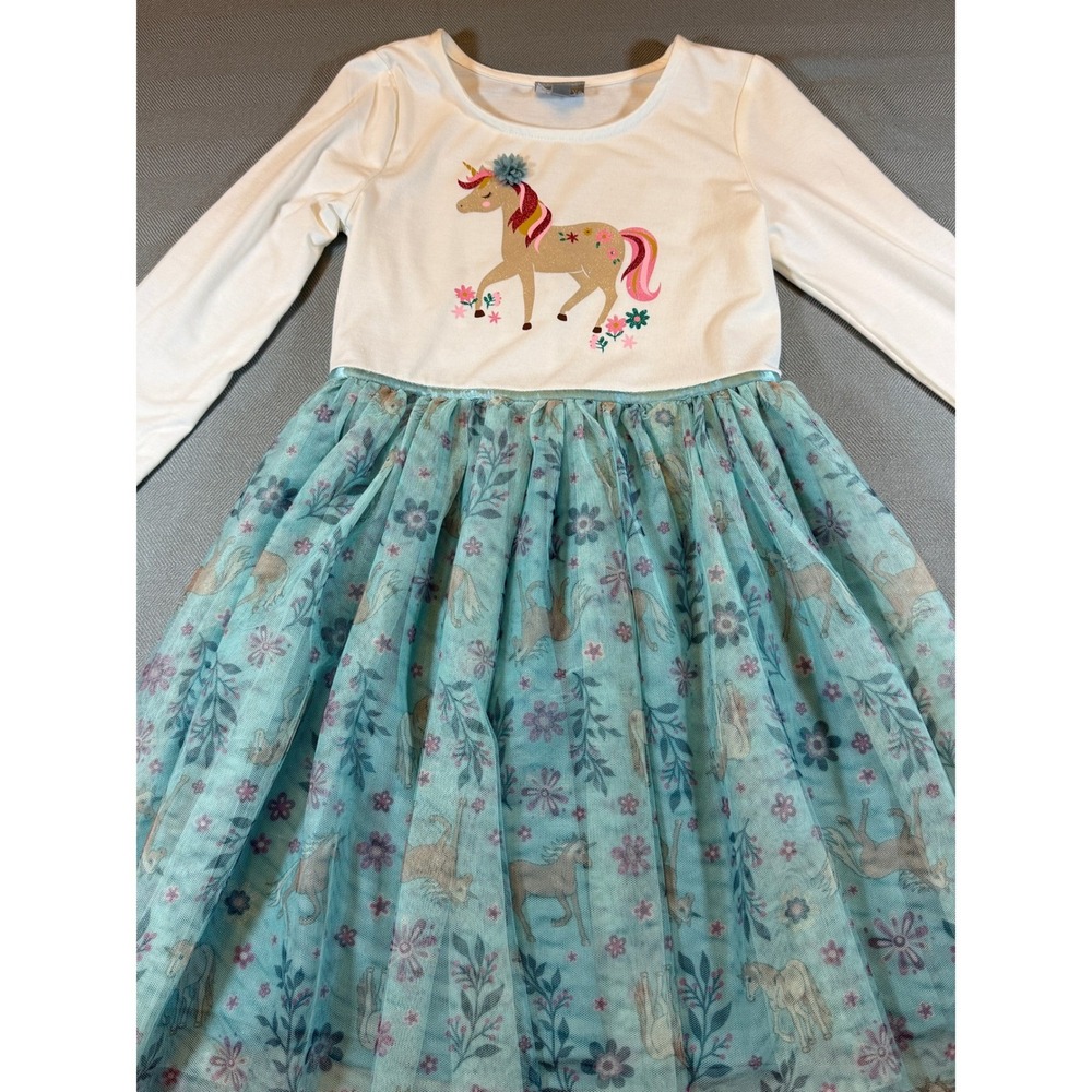 Berkley Jensen Girls Unicorn Tutu Dress Teal White Long Sleeve Size 10 1518